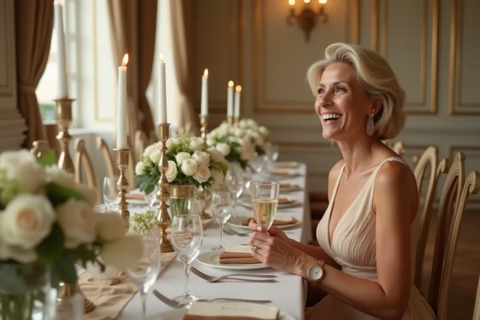 Femme élégante en robe champagne lors d'une réception de mariage dans un grand salon parisien décoré de roses blanches