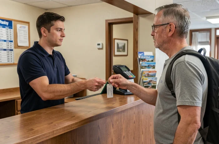 Réceptionniste de motel remettant une clé de chambre à un voyageur, illustrant les prix, la sécurité et les services à la réception d'un motel