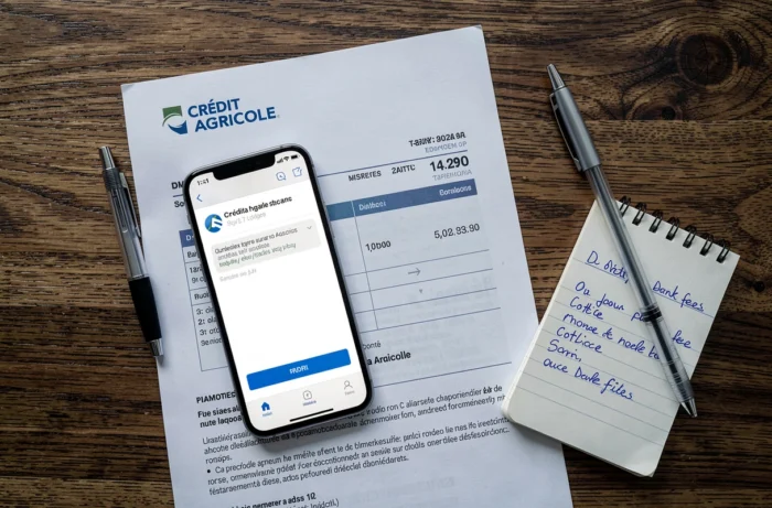Vue de dessus d'un relevé bancaire Crédit Agricole et d'une alerte SMS affichée sur smartphone avec notes sur les frais