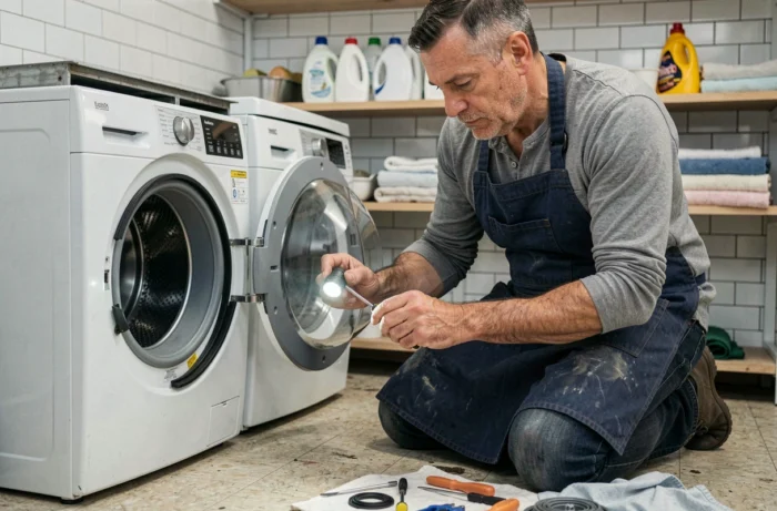 Homme d'âge mûr en train de réparer une machine à laver dans une buanderie domestique avec des outils posés au sol