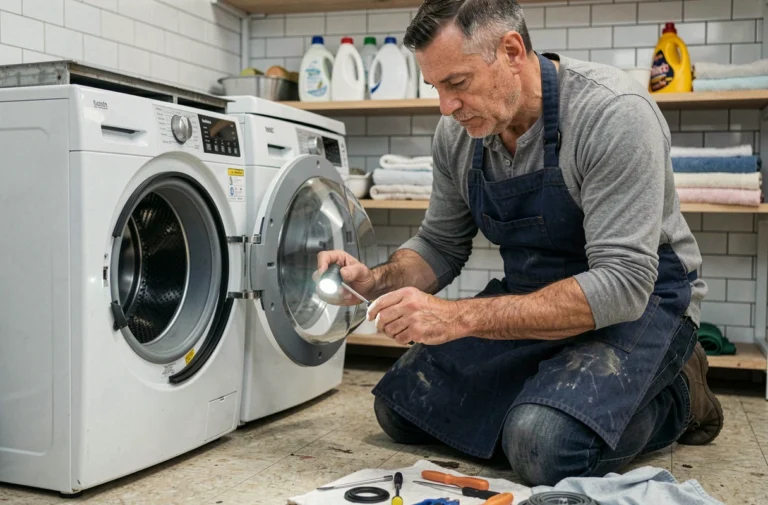 Homme d'âge mûr en train de réparer une machine à laver dans une buanderie domestique avec des outils posés au sol