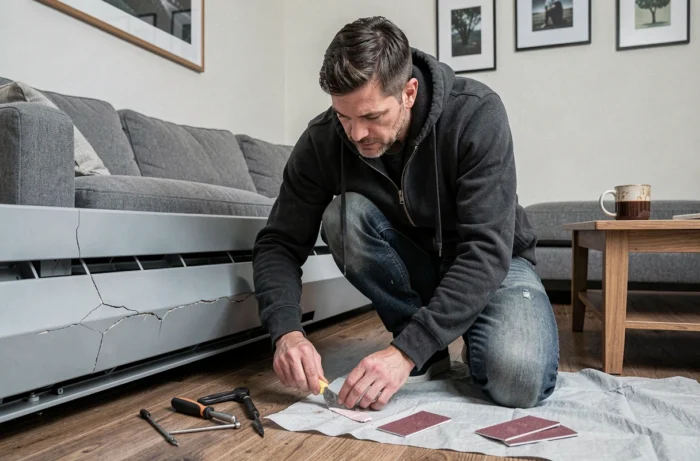Homme en train de réparer un panneau de radiateur dans un salon confortable avec des outils de bricolage sur un tissu de protection