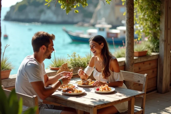 Deux amis partageant un repas local sur une terrasse au bord de la mer lors d'un voyage gastronomique