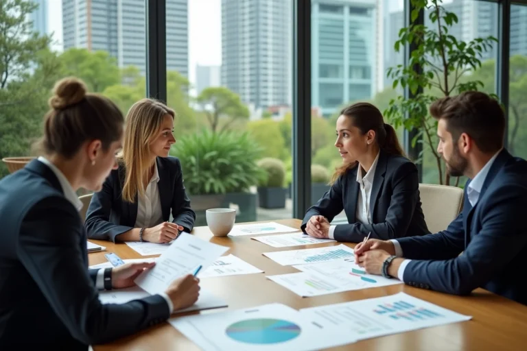 Équipe de professionnels en réunion analysant des rapports ESG et RSE autour d'une table de conférence dans un bureau moderne avec vue sur un toit végétalisé