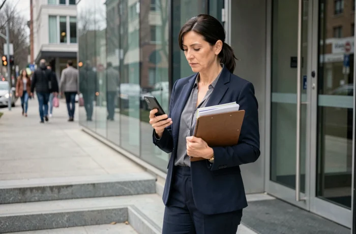 Femme en blazer marine devant un immeuble de bureaux consultant son téléphone lors d'une suspension disciplinaire au travail