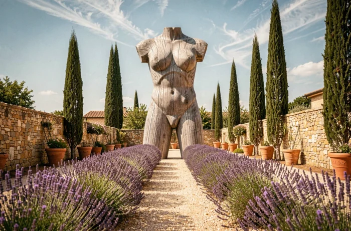 Sculpture en bois de teck sculpté représentant un torse abstrait au bout d'une allée de lavande dans un jardin provençal avec murs en pierres sèches et cyprès