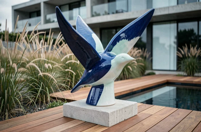 Grande sculpture céramique en forme d'oiseau bleu posée sur un socle en béton dans un jardin contemporain avec terrasse en bois et graminées ornementales