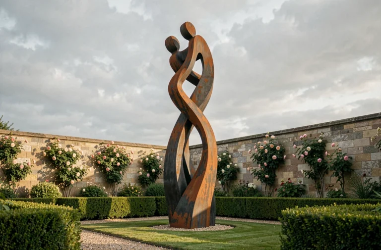 Sculpture géante en acier patiné représentant des silhouettes entrelacées dans un jardin de style manoir avec haies de buis et allées de gravier