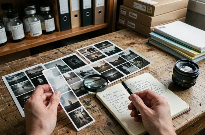 Détail de bureau de photographe avec négatifs film, planche-contact et notes manuscrites révélant les secrets de fabrication des clichés d'Anna Dray