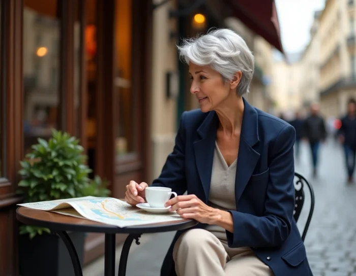 Senior élégante savourant un café en terrasse dans le quartier du Marais à Paris