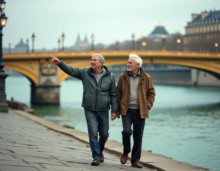 Deux seniors se promenant le long des quais de Seine près du Pont Alexandre III à Paris