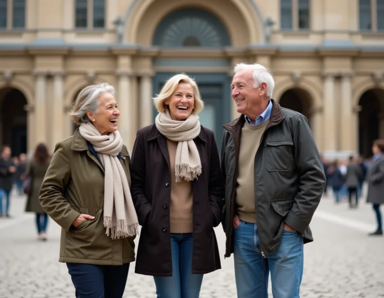 Groupe de seniors souriants devant le Musée d'Orsay à Paris lors d'une sortie culturelle organisée