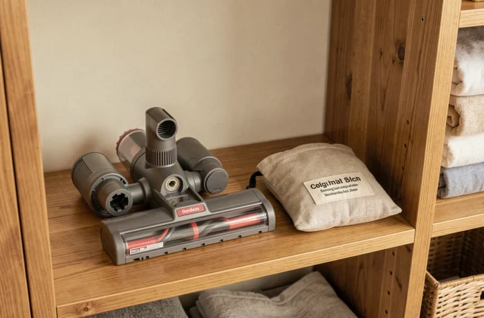 Batterie d'aspirateur balai séparée du corps et rangée dans une pochette sur une étagère de placard pour stockage longue durée