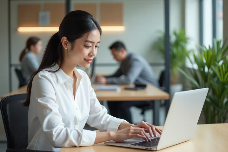 Professionnelle signant un devis en ligne rapidement sur son ordinateur portable dans un bureau moderne