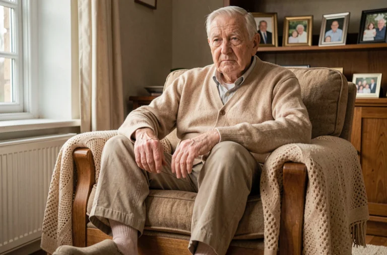 Homme âgé assis dans un fauteuil, l'air fatigué, avec les chevilles légèrement gonflées, signe d'insuffisance cardiaque en fin de vie