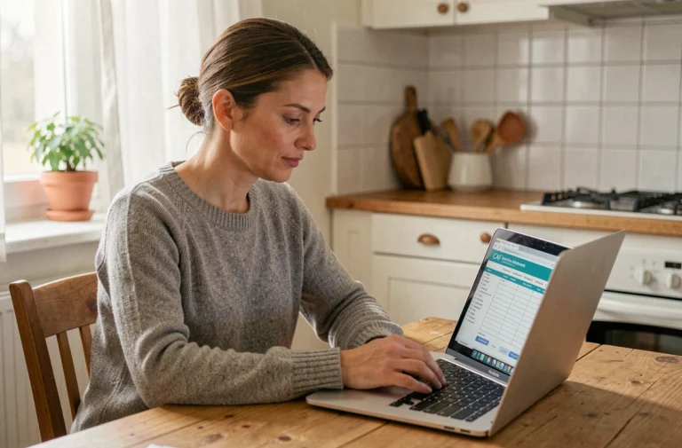 Femme consultant une simulation d'allocations familiales CAF sur son ordinateur portable dans une cuisine moderne