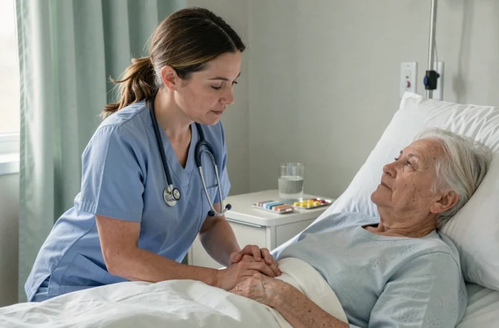 Infirmière tenant la main d'une patiente âgée dans une chambre de soins palliatifs, illustrant l'accompagnement en fin de vie cardiaque