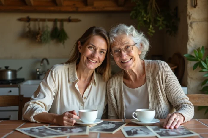 Sophie Hébrard et sa mère réunies autour de photographies de famille dans une cuisine de ferme française, illustrant les influences familiales et les racines de la journaliste