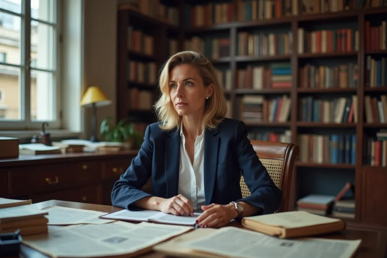 Sophie Hébrard, journaliste française, assise à son bureau parisien avec des notes et des archives de presse, portrait éditorial réaliste