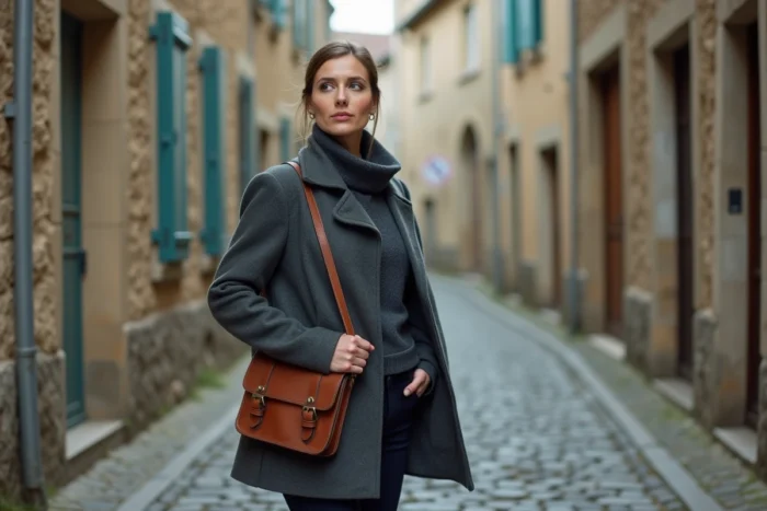 Femme journaliste française dans une rue pavée d'une ville de province, évoquant les origines familiales et le parcours personnel de Sophie Hébrard