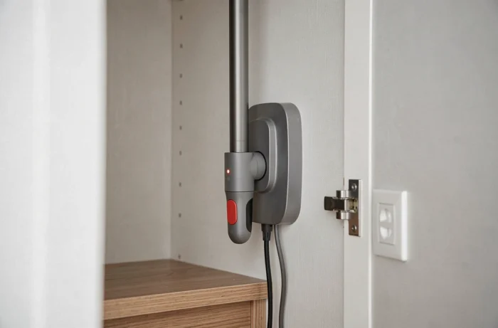 Station de charge intégrée dans un placard avec un aspirateur balai docké verticalement et un câble soigneusement fixé au mur