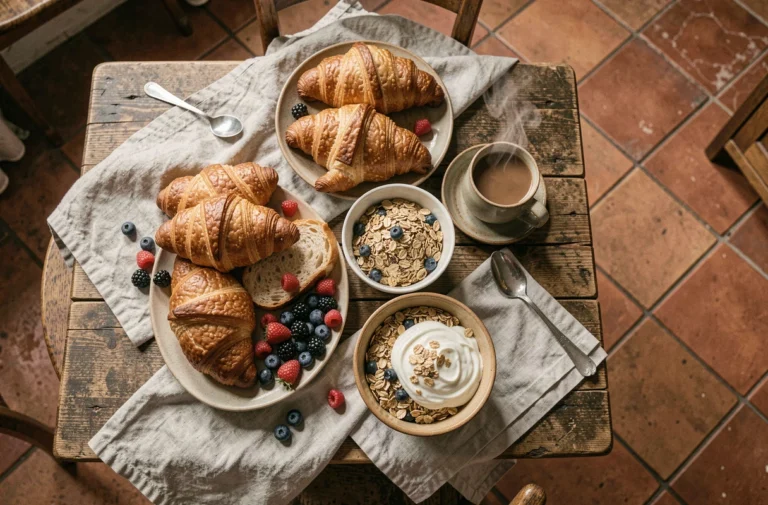 Table de petit-déjeuner gourmand avec croissants, fruits frais, granola et café dans une cuisine rustique française