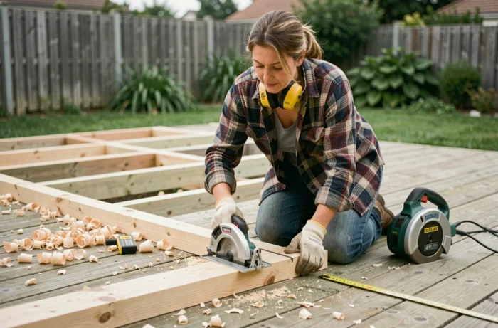 Femme bricoleure inspectant une découpe de bois avec une scie circulaire Tacklife PES01A sur un chantier de terrasse extérieure