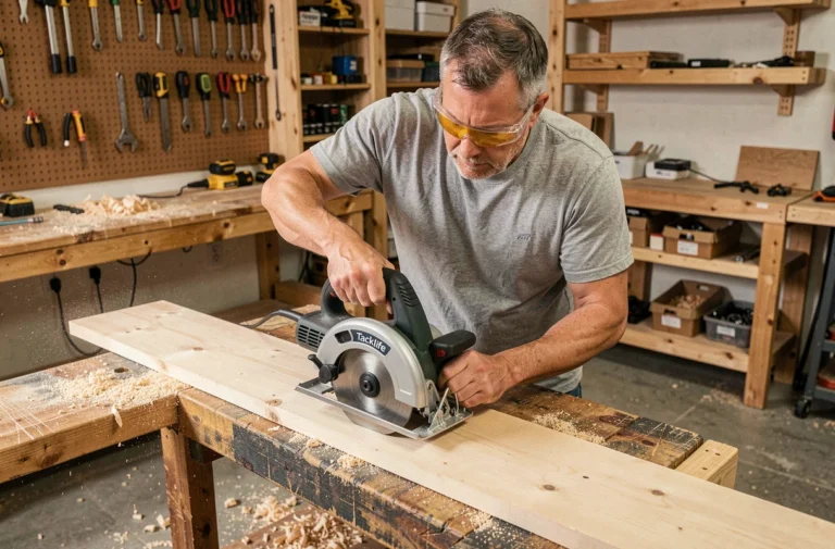 Homme utilisant une scie circulaire Tacklife PES01A pour découper une planche en bois dans un atelier de bricolage
