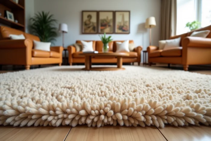 Grand tapis épais en tons caramel et avoine ancrant un salon avec canapé et fauteuils disposés autour