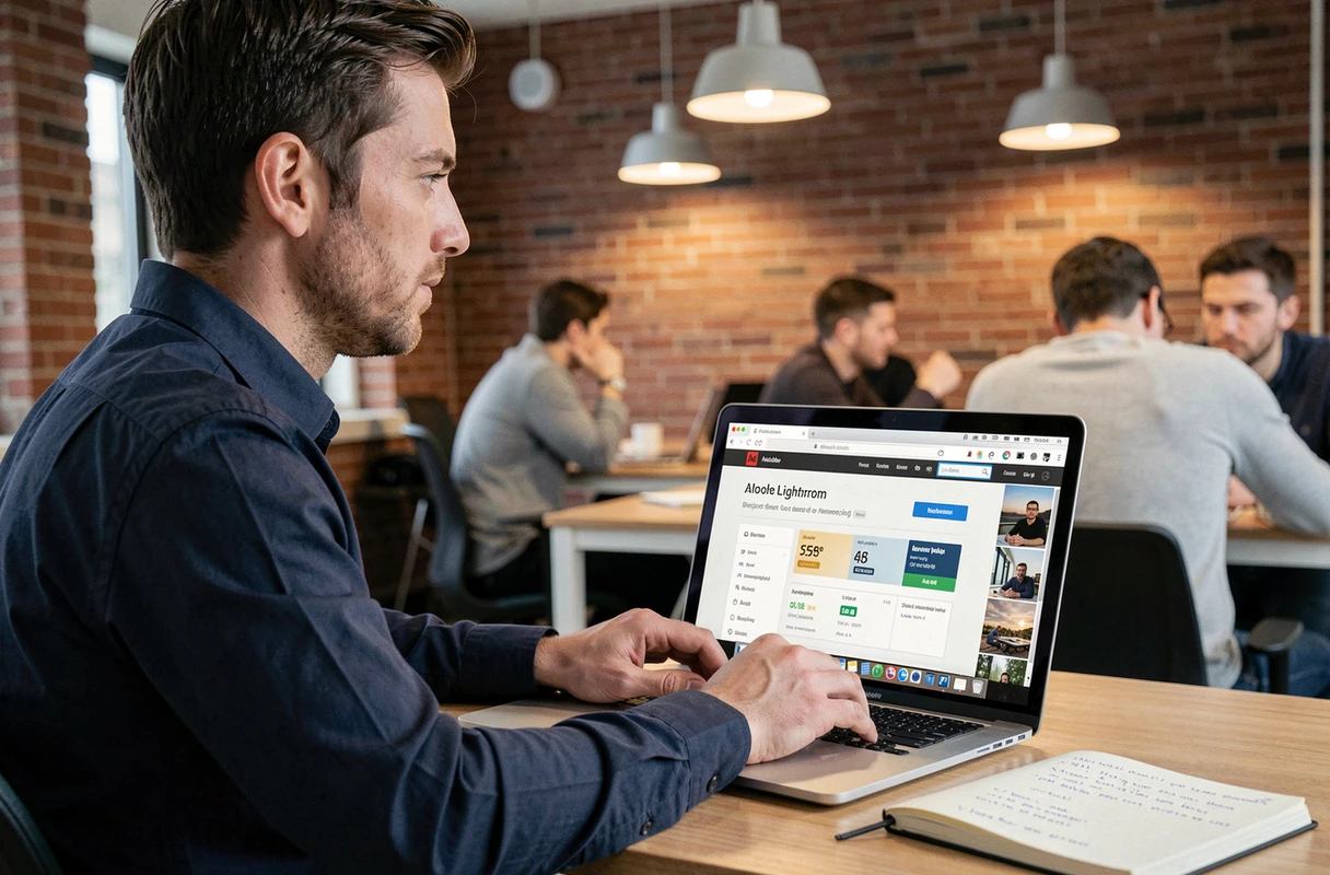 Homme consultant les tarifs d'abonnement Adobe Lightroom sur un ordinateur portable en espace de coworking