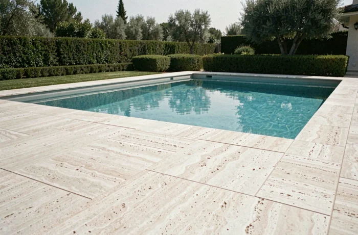 Terrasse de piscine contemporaine entièrement revêtue de dalles et pavés en travertin blanc crème, avec bordure en travertin et jardin méditerranéen en arrière-plan