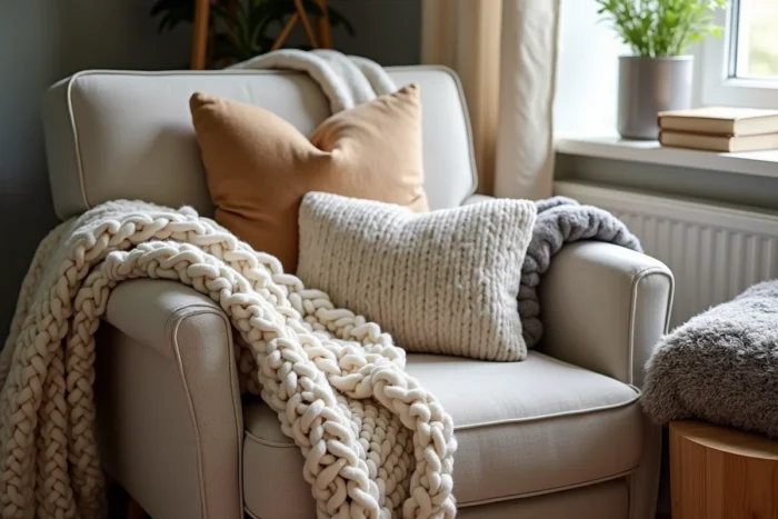 Fauteuil recouvert de textiles variés : plaid en laine, coussin en fausse fourrure et coussin en lin pour un effet cocooning sensoriel