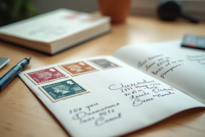 Gros plan sur des timbres postaux français de différentes valeurs posés sur des enveloppes blanches, symbolisant les tarifs d'affranchissement 2026