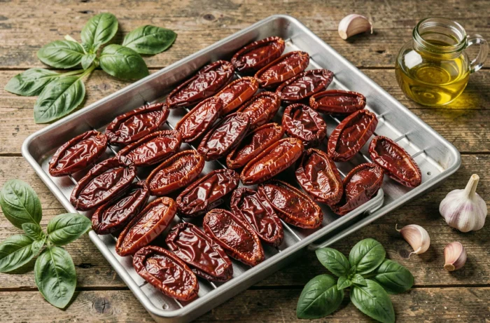Tomates déshydratées sur plateaux d'un déshydrateur avec basilic frais et huile d'olive sur table en bois rustique