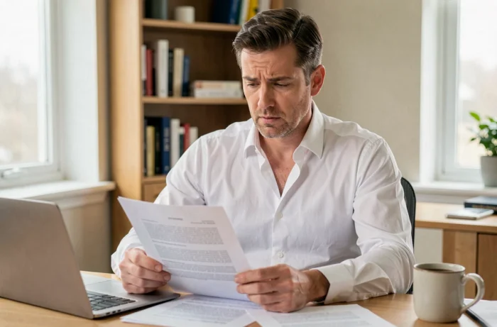 Homme en chemise blanche consultant des documents juridiques à son bureau à domicile pendant une mise à pied conservatoire