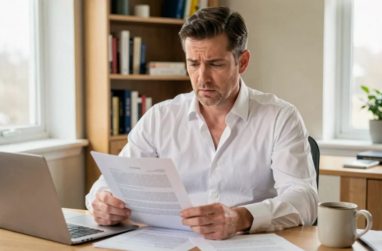 Homme en chemise blanche consultant des documents juridiques à son bureau à domicile pendant une mise à pied conservatoire
