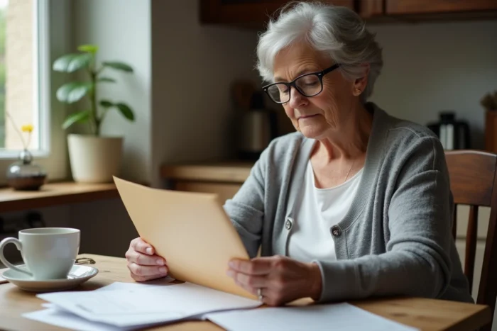 Femme d'une cinquantaine d'années triant le courrier d'un proche décédé à une table en bois dans une cuisine française