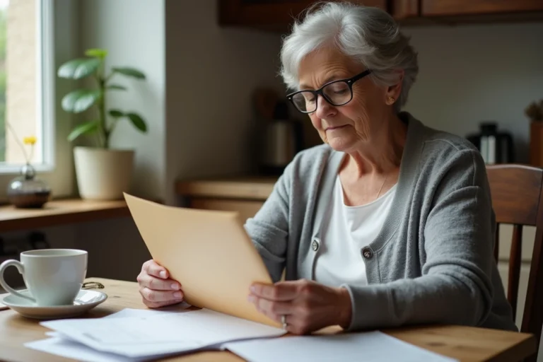 Femme d'une cinquantaine d'années triant le courrier d'un proche décédé à une table en bois dans une cuisine française