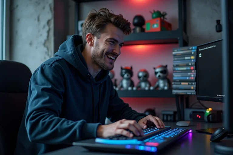Homme unboxing une nouvelle console de jeu dans une pièce gaming moderne avec périphériques RGB et figurines de collection