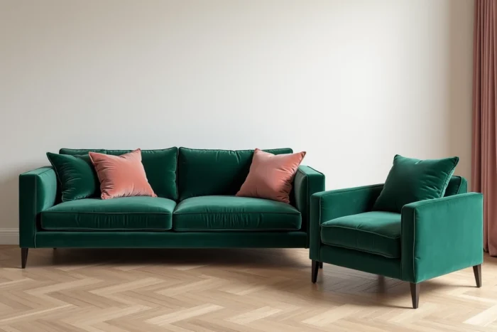Canapé et fauteuils en velours vert forêt et rose poudré avec coussins assortis dans un salon chaleureux