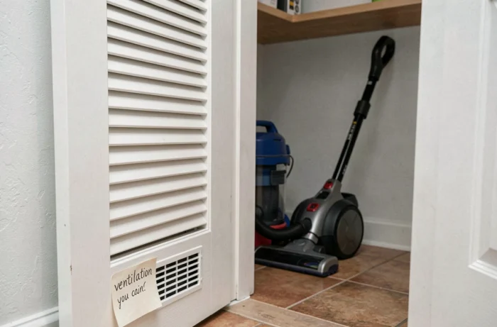 Grille de ventilation passive intégrée dans la porte d'un placard où est stocké un aspirateur balai pour la sécurité de la batterie lithium