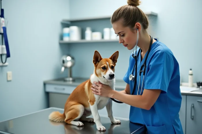 Vétérinaire examinant un chien de race croisée dans une clinique vétérinaire moderne
