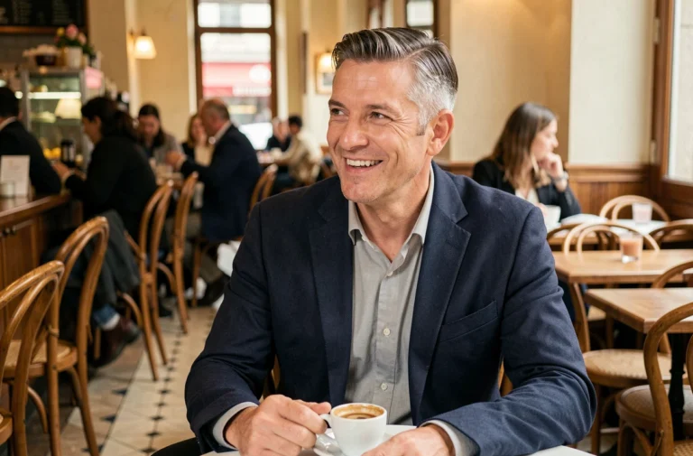 Homme élégant d'une cinquantaine d'années souriant dans un café parisien, illustrant la vie amoureuse et personnelle de Philippe Gougler