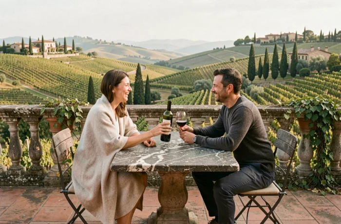 Couple en voyage de noces savourant un verre de vin sur une terrasse avec vue sur les vignes toscanes