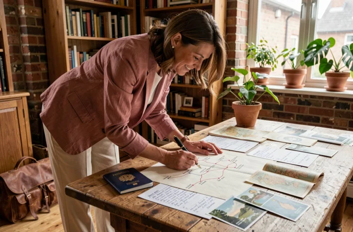 Femme élégante planifiant un voyage sur-mesure avec des cartes vintage et un carnet de voyage personnalisé sur une grande table en bois