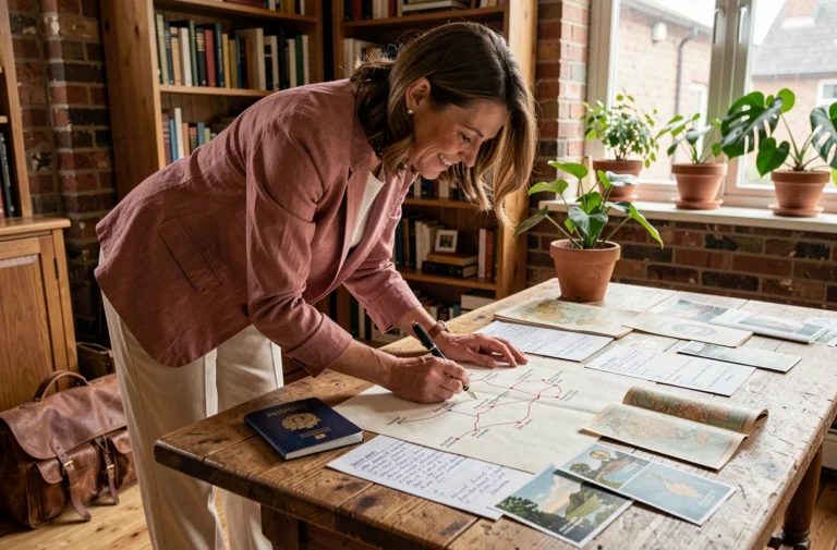 Femme élégante planifiant un voyage sur-mesure avec des cartes vintage et un carnet de voyage personnalisé sur une grande table en bois