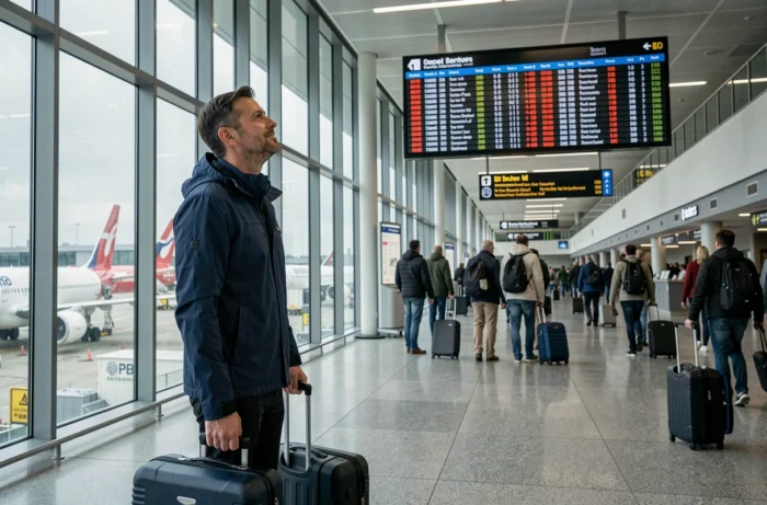 Voyageur dans un terminal d'aéroport international consultant le tableau des départs pour un tour du monde