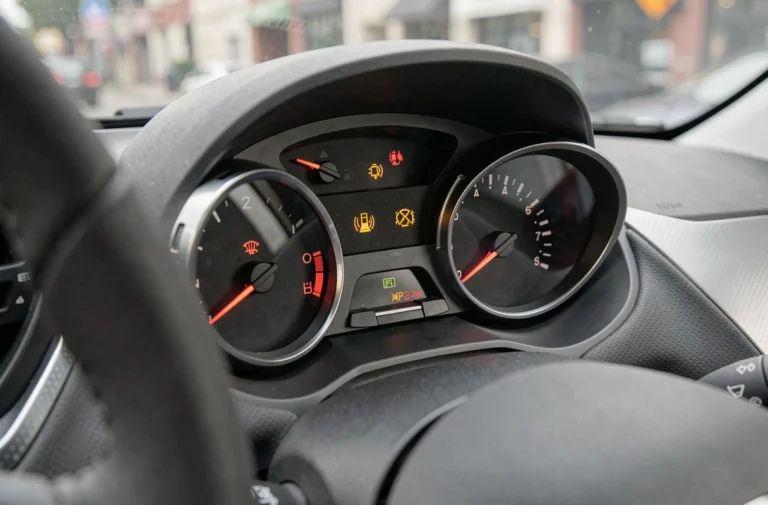 Tableau de bord Peugeot 208 avec voyants lumineux allumés en orange et rouge